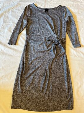 Ann Taylor Heather Gray 3/4-Sleeve Tie-Waist Midi Dress